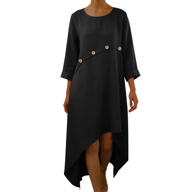 Vestido de Manga 3/4 para las Mujeres Color Sólido Suelto Lino Irregular Doblado, Casual Cuarto de Manga Vestido para las Mujeres Cuello Redondo Verano Confort Superior