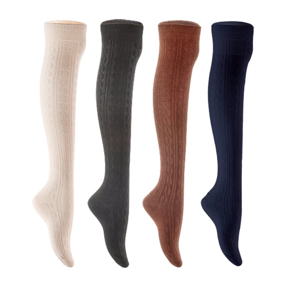 Lian LifeStyle Women's 4 Pair Adorable Comfortable Soft Thigh High Over Knee High Cotton Socks Size 6-9 L1024 Cream,Black,Coffee,Navy