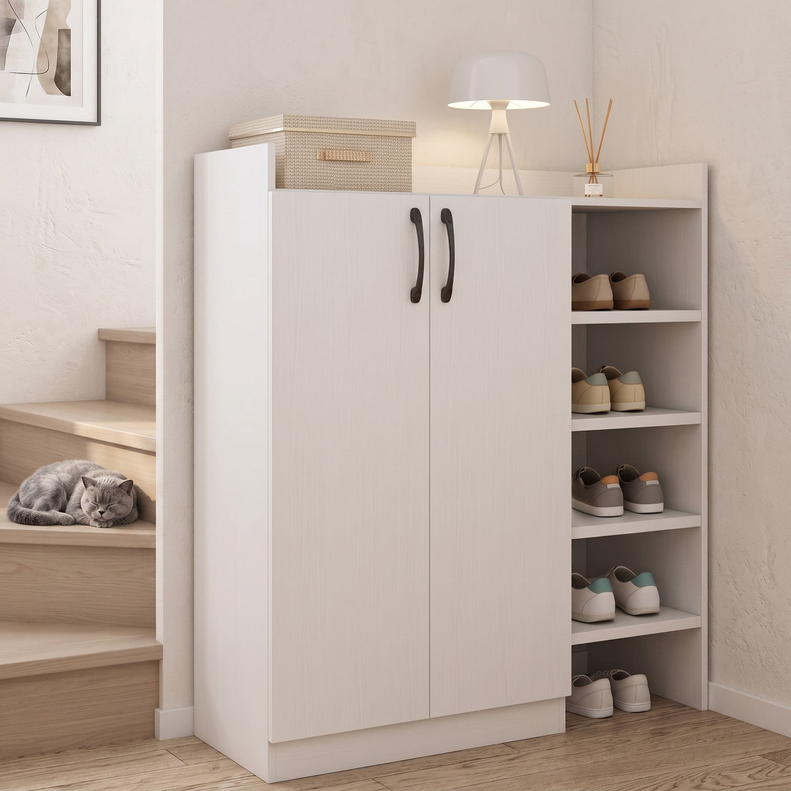 Furnibear 2-Door Shoe Cabinet with 2 Adjustable Inner Shelves and Open Side Shelves for Entryway Closet and Living Room, White