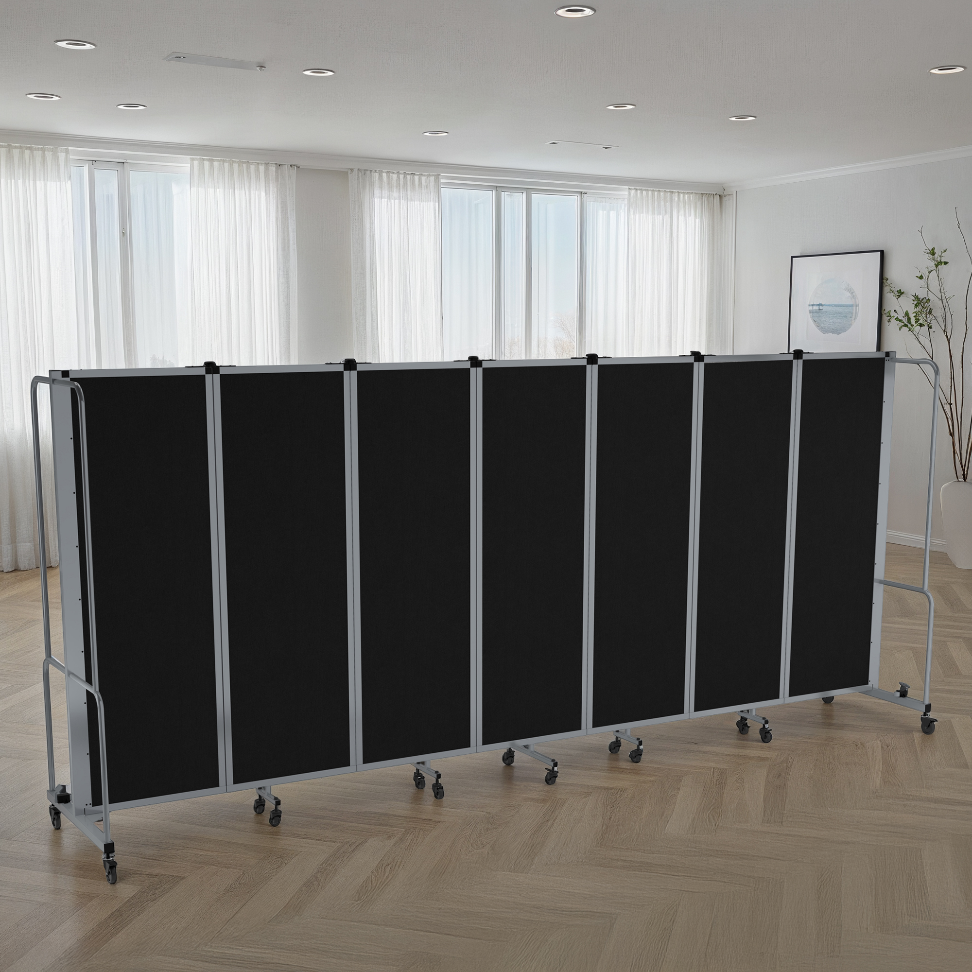 Hampden Furnishings Otis Collection Portable Room Divider, 7 Black Panels, Grey Frame
