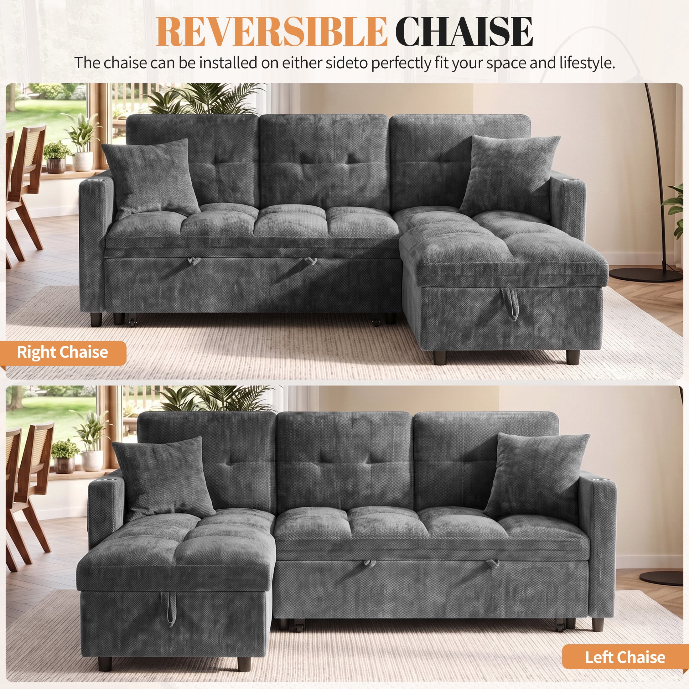 Aukfa 81" L Shape Sleeper Sectional Sofa Bed, Chenille Convertible Couch with Storage Chaise, Side Table & USB/Type-C Ports,Gray