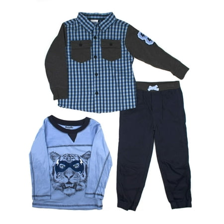 Dealer Button Set - Lion Mask Graphic Tee, Button Up Shirt and Pant 3 Piece Set (Little Boy)