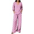 thumbnail image 2 of Cagogo Women Plus Size 2 Piece Set Polka Dot V Neck Long Sleeve Blouse Wide Leg Pants Matching Casual Outfit Loose Boho Vacation Travel Lounge Suit Clothes, Pink 3XL, 2 of 6