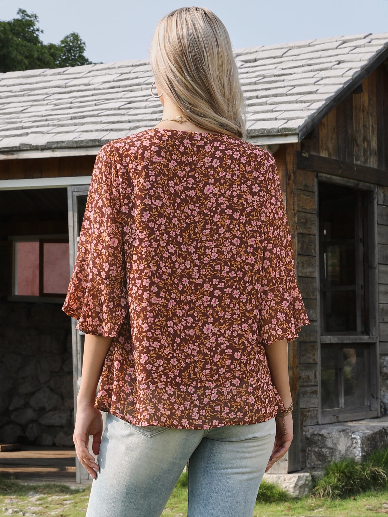 DARING DIVA Women's Chiffon Blouses Casual 3/4 Sleeve Ruffle Floral Top S Brown