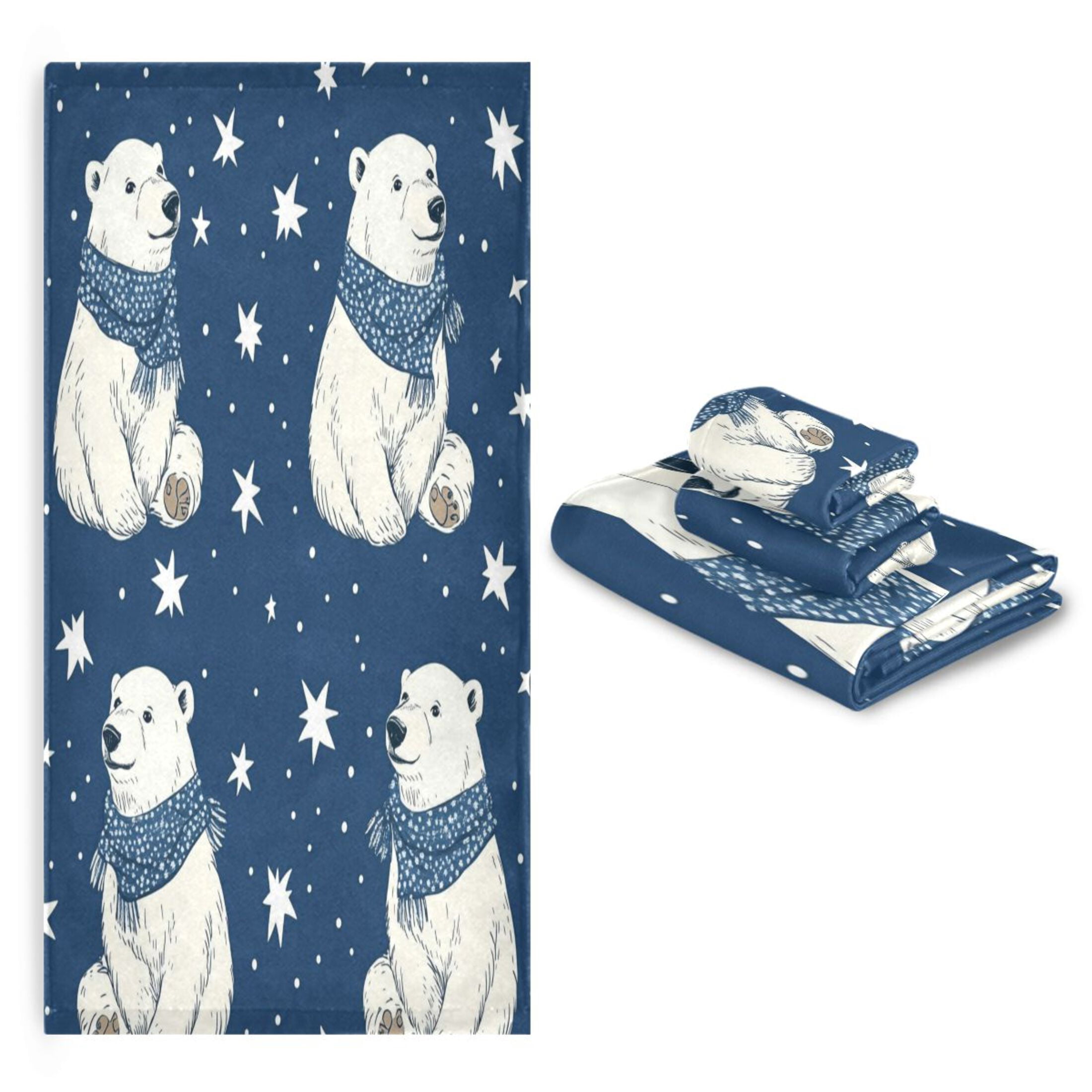 Wobogo Cute Polar Bears Pattern Ultra Soft 3 Pack Cotton Towel Set Includes 1 Bath Towel 1 Face Towel and 1 Washcloth for Everyday Use Lightweight and Compact