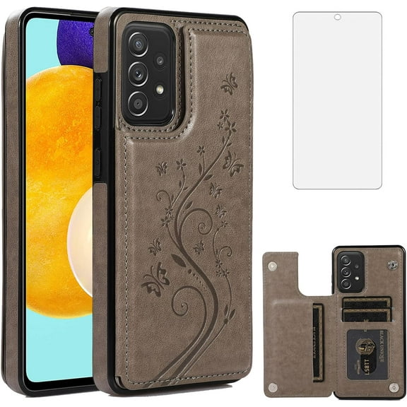 Phone Case for Samsung Galaxy A53 5G 2022 with Tempered Glass Screen Protector Card Holder Wallet Cover Stand Flip Leather Cell Accessories Gaxaly A53 G5 Galaxies 53A SM A536U Cases Women Men Gray