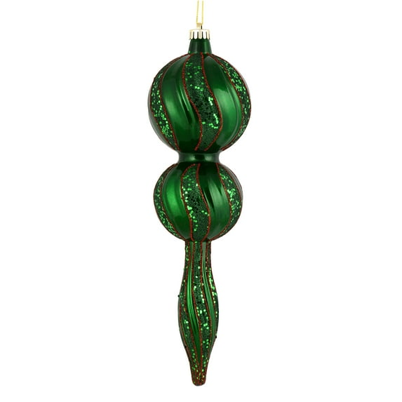 Vickerman 16.5" Emerald Candy Glitter Finial. Create a beautiful holiday arrangement with this large Candy finial that features glitter accents. Made with shatterproof plastic. Ornament has a drilled