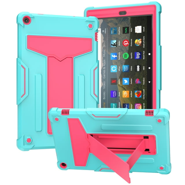 Dteck for Amazon Kindle Fire HD 10 inch Tablet Case 9th Generation 2019 Release 7th Generation 2017 Release with Kickstand, Heavy Duty Hybrid Rugged Shockproof Case, Mint + Rose