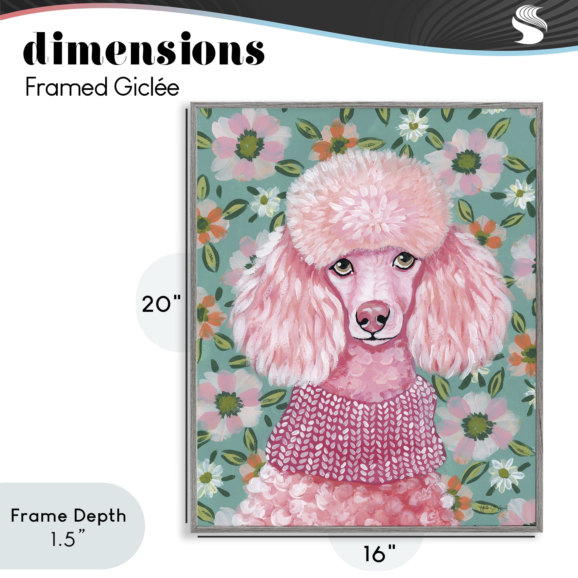 Stupell Industries Floral Poodle In Pink Gray Framed Giclee Art, design by Yvette St. Amant