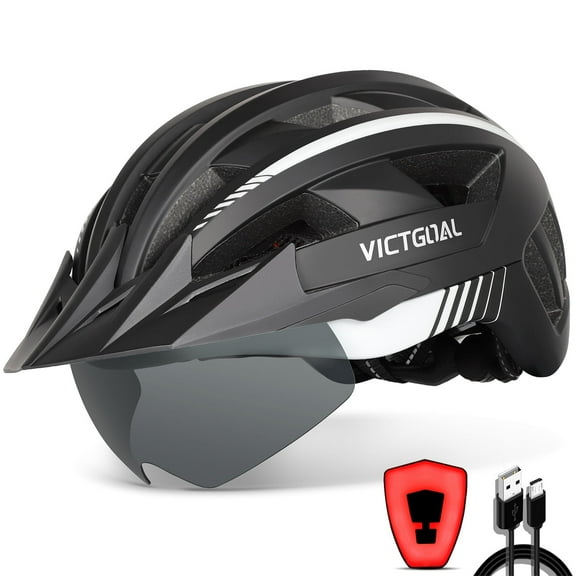 VICTGOAL Bike Helmet with Visor and Goggles USB Rechargeable Light for Adult Men Women