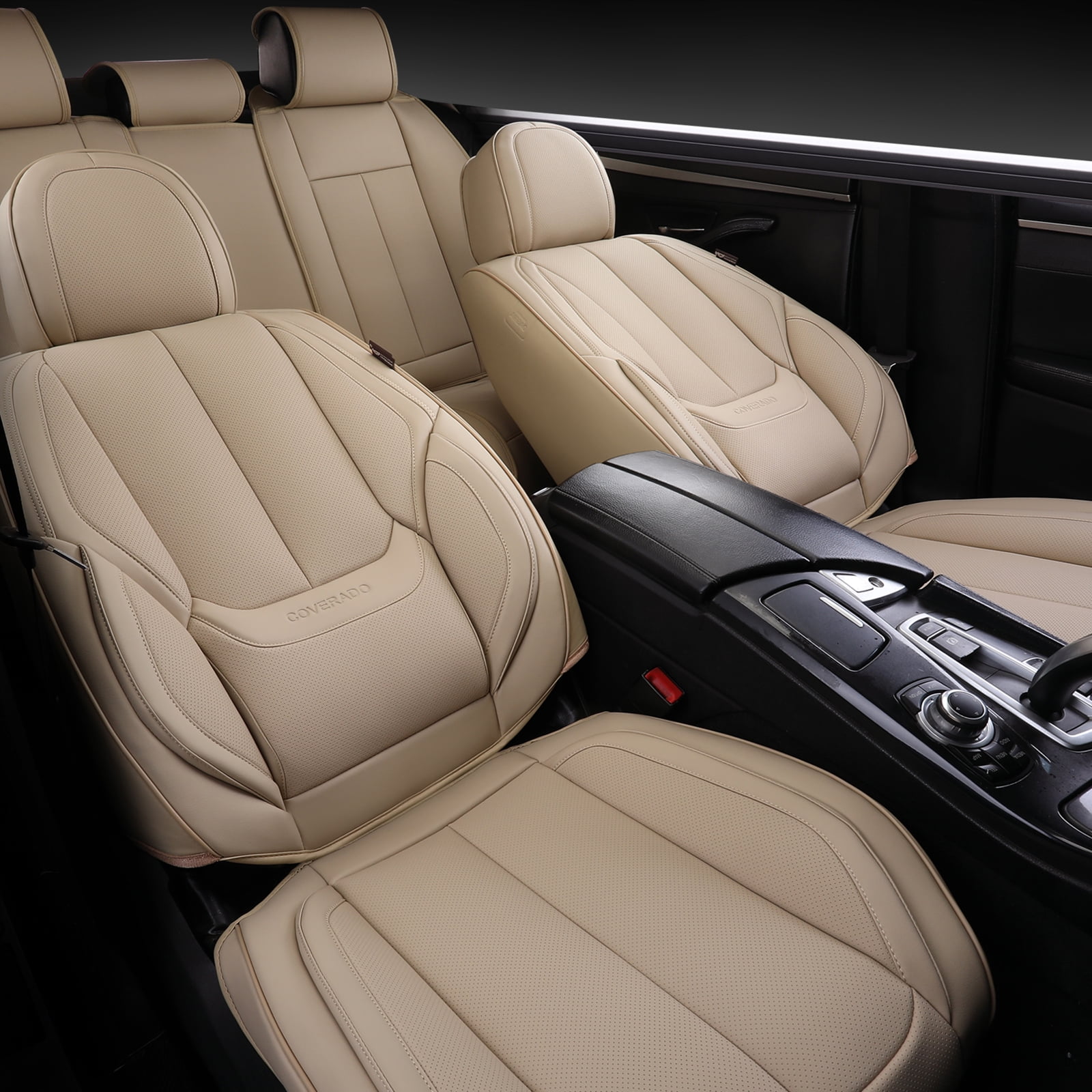 Coverado Beige Back Car Seat Covers Set, Premium Leather Rear Seat Covers Car Accessories, Waterproof Velcro-Adjusted Seat Protectors Universal Fit for Most Sedans SUV Pickup Truck