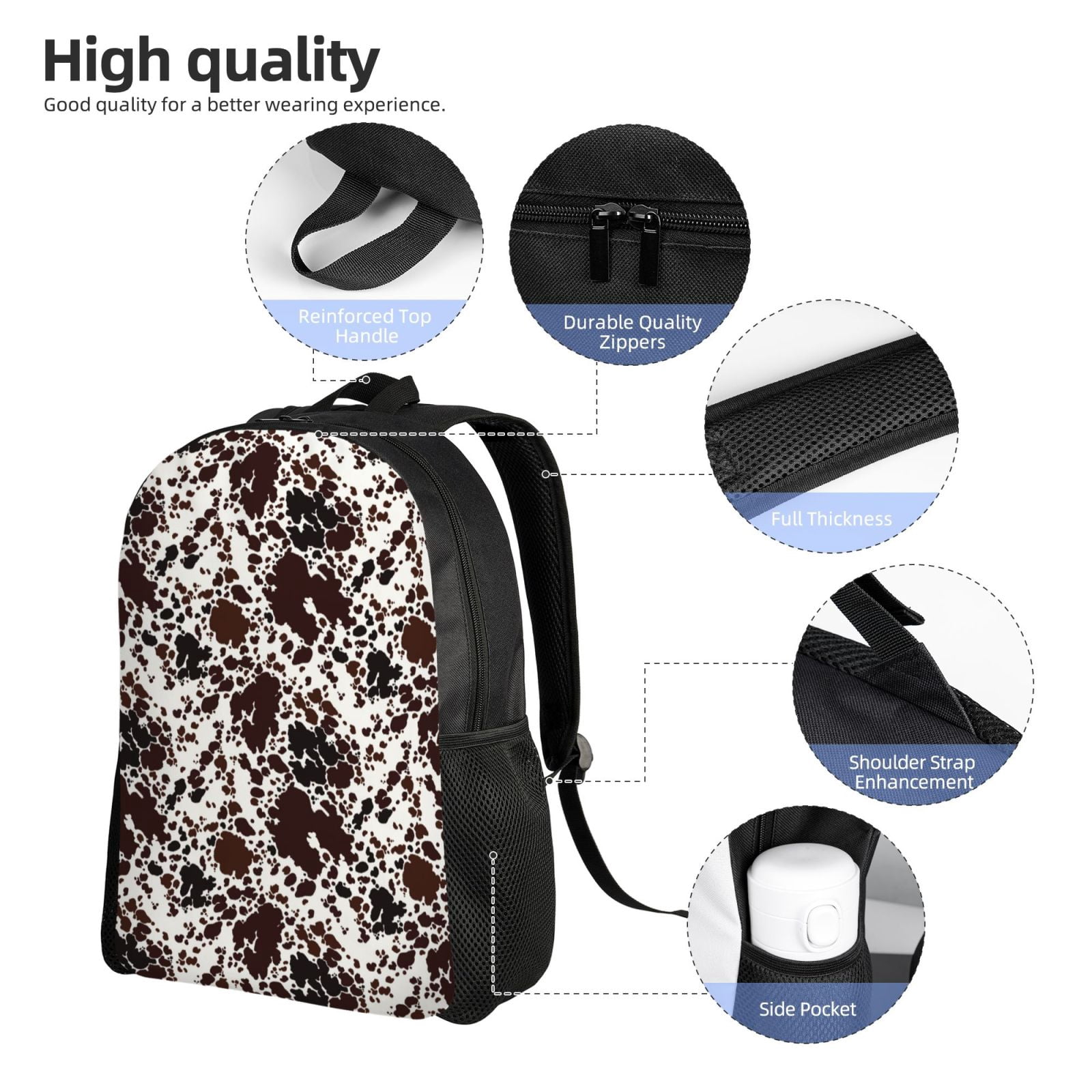Defioc Cow Skin Print Backpack -Travel,or Work Bookbag Daypacks with 15-Inch Laptop Sleeve and Dual Water Bottle Pockets