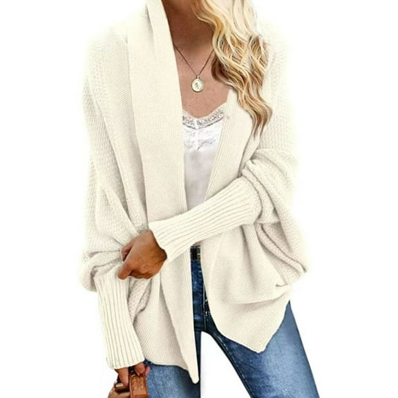 Women Cardigan Coat Collarless Batwing Long Sleeve Open Front Knitting Coat Elastic Cuffs Solid Color Loose Fit Knitted Cardigan