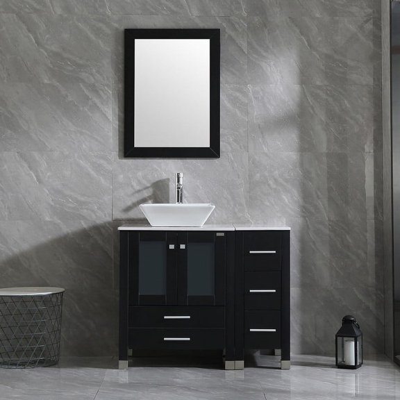 Walsport Bathroom Vanity,36" Stand Pedestal Bathroom Cabinet Top Square Ceramic Vessel Sink Faucet Drain Combo with Mirror Vanities Set,Black