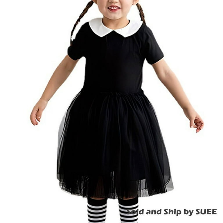 Wednesday Addams Costume Girls Peter Pan Collar Dress Short Sleeve  Halloween Outfit