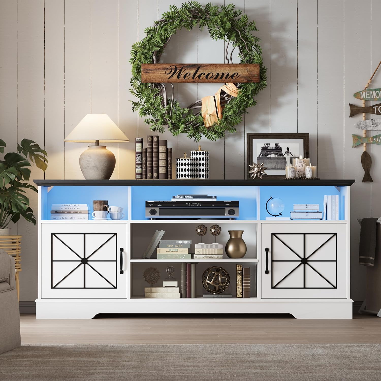 FANRAL Farmhouse TV Stand with RGB LED Lights,Entertainment Center for 65 Inch TV,Media Console with Power Outlets & Adjustable Shelf for Living Room,White TV Stand