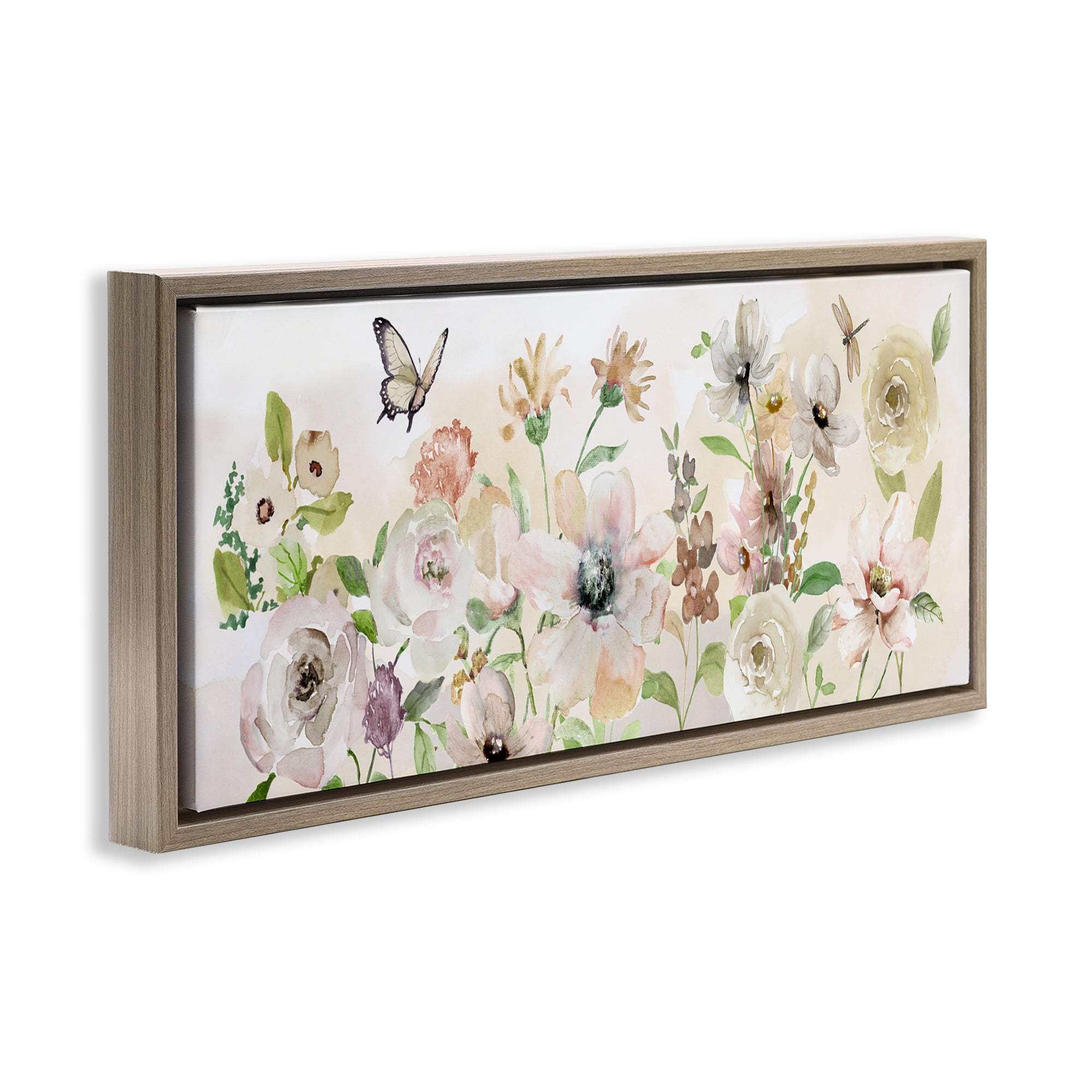 Stupell Industries Fluttering Insects & Florals Plants & Flowers Painting Brown Floater Framed Canvas Art Print Wall Art, 25 x 11