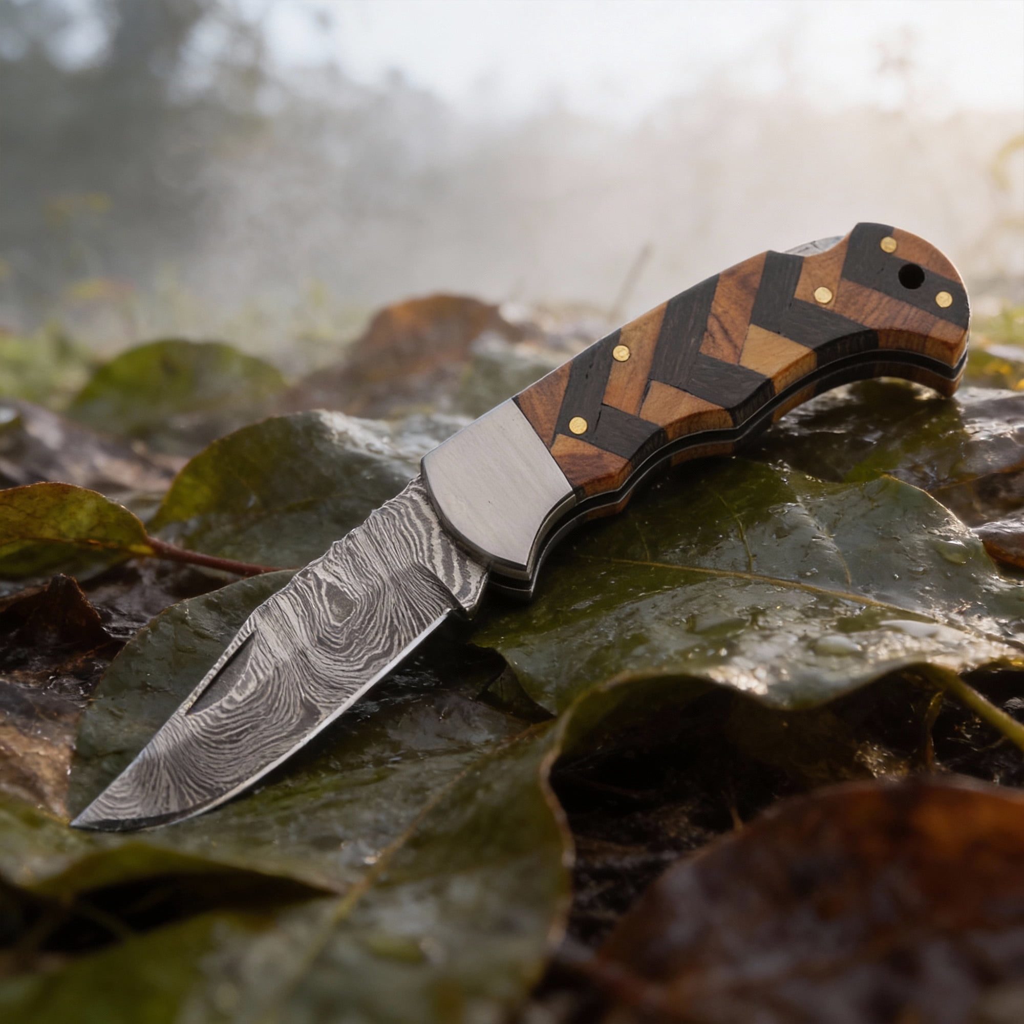 SANZ Forge & Midnight 3.75 Inch Folding Utility Knife with Damascus Pattern Blade and Wood Handle