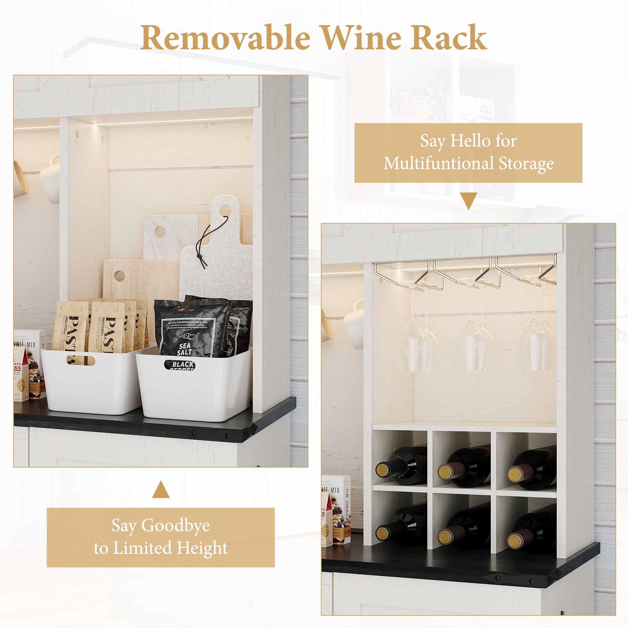 Neche 71" Kitchen Pantry Cabinet, Tall Storage Cabinet with Charging Station, LED Light, Microwave Stand, Drawers, Wine Rack, Farmhouse Hutch for Dining Room, White