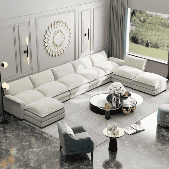 Homall 8-Seats Modular Sectional Sofa, U-Shaped Cloud Couch with Ottomans, Oversized Deep Seat Convertible Sofa Set for Living Room, Chenille, White