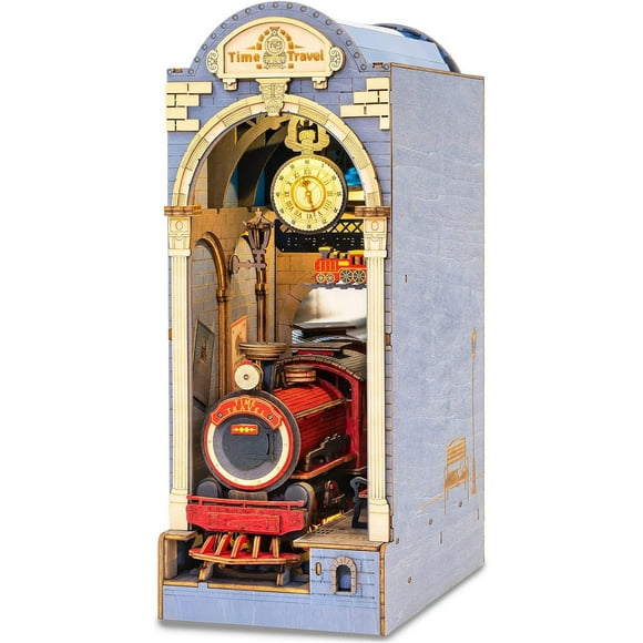 Wooden Dollhouse, DIY Book Nook Kit, Puzzle House Model Building Kits with LED Lights House Shelf Decor Mother's Day Gift(Time Travel)