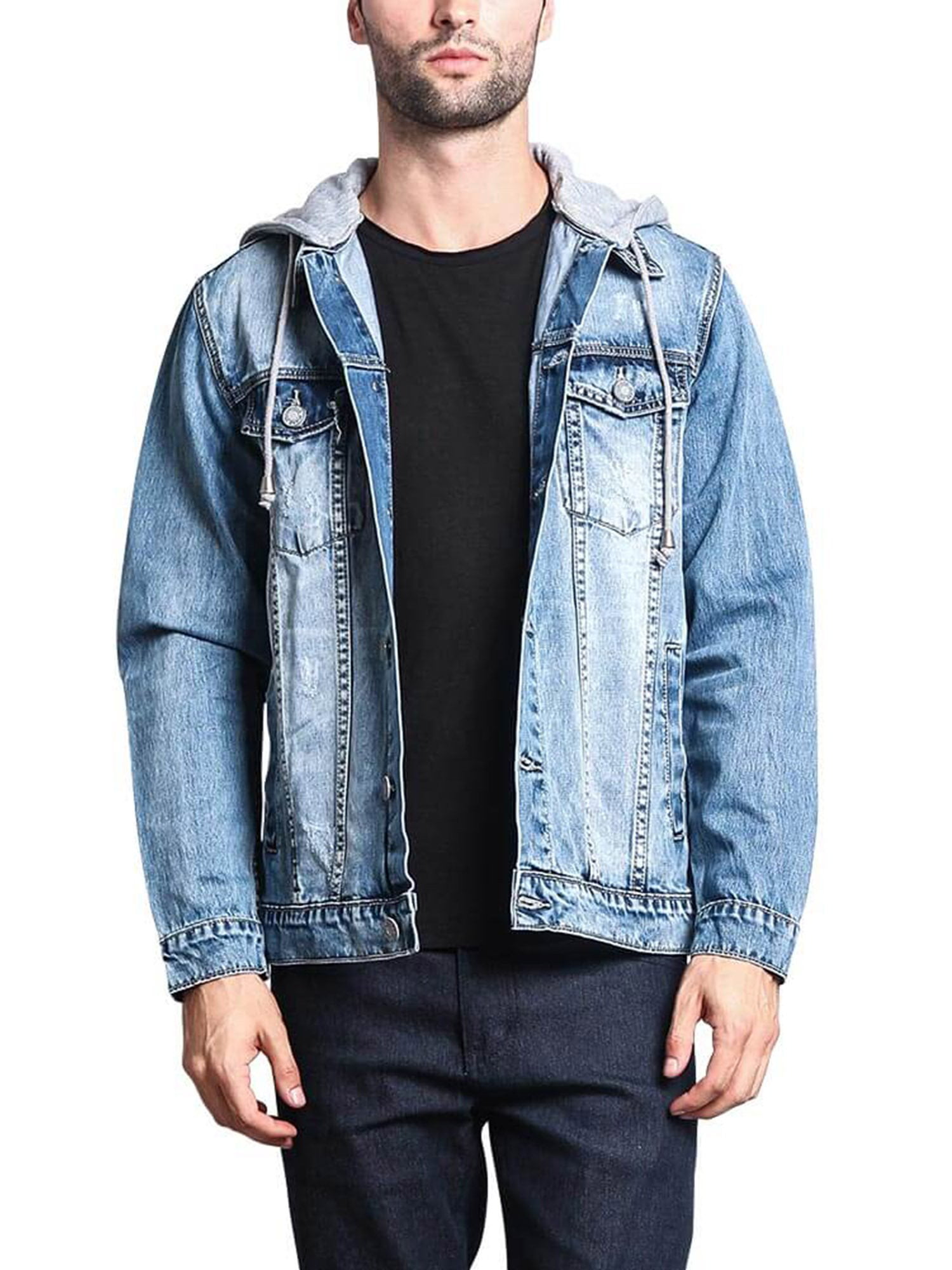 Victorious Men's Hoodie Layered Distressed Denim Jacket with Removable ...