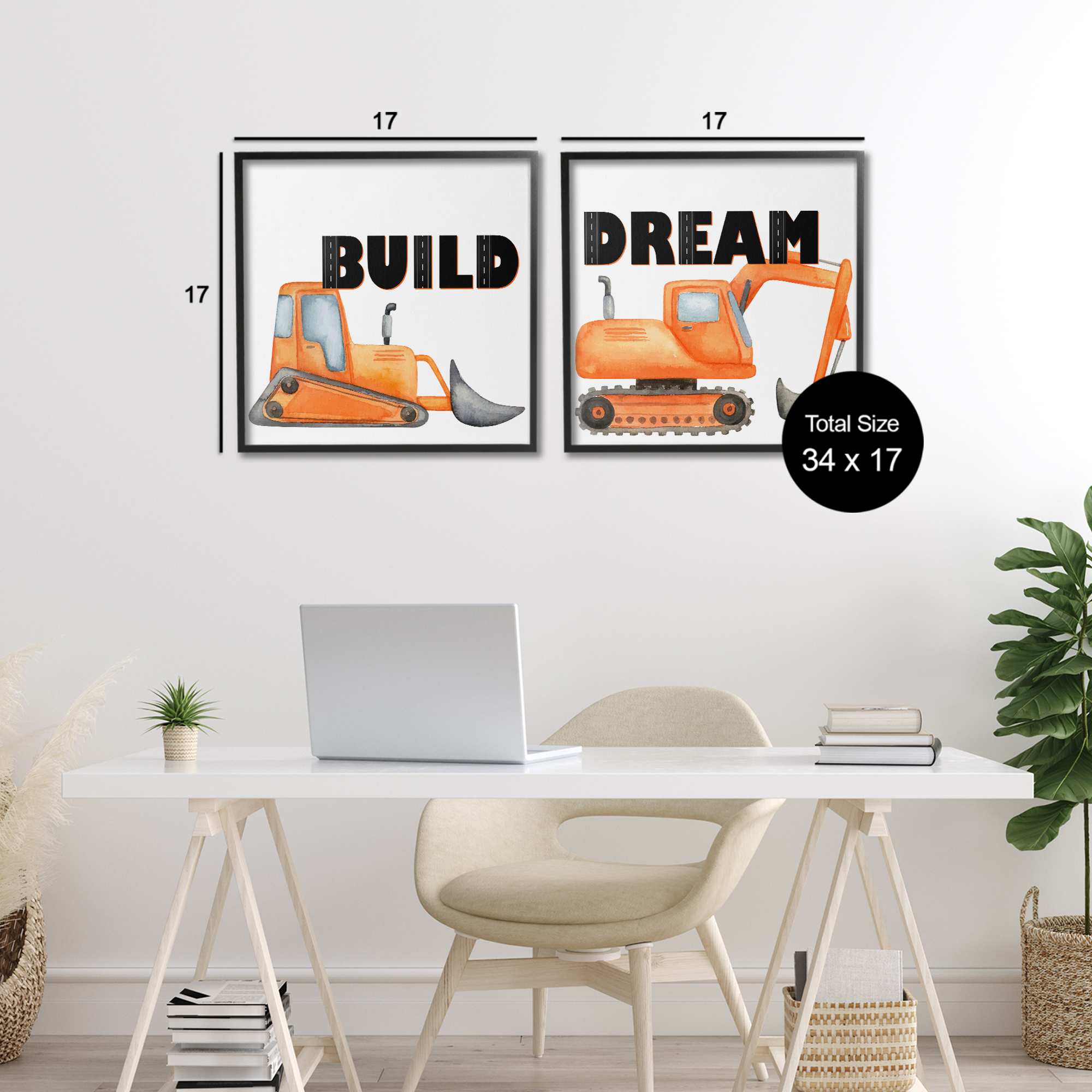 Build & Dream Construction Vehicles 2 Piece Black Framed Giclee Art Set, design by Kim Allen