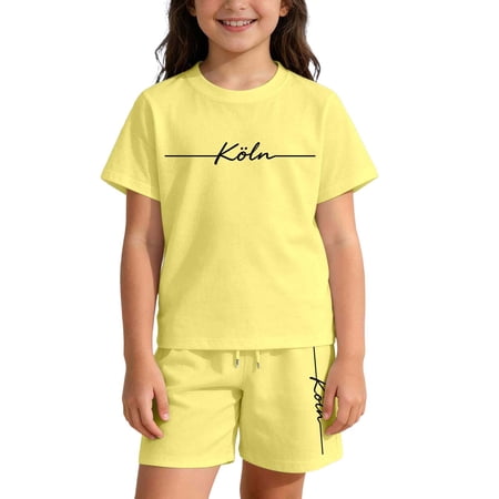 Rggeeun Toddler Girls Outfit Sets 2 Piece Letter Print Short Sleeve Knit Crew Neck Top & Elastic Wasit Shorts & Adjustable Tie Soft Breathable For Outdoor Activities Versatile Suit Yellow 9-10 Years