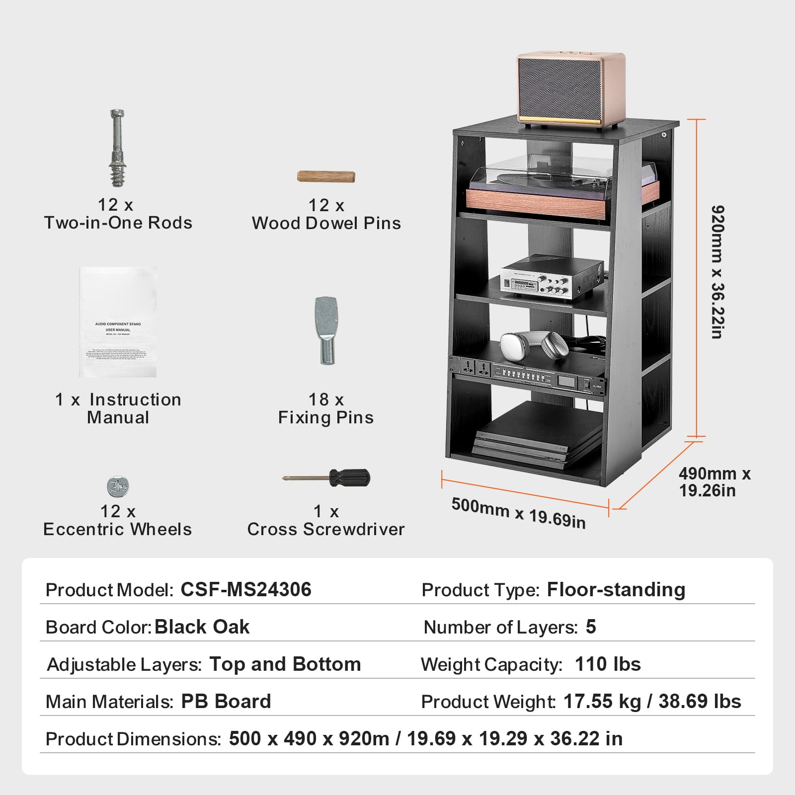 KFFKFF 5-Level Media Shelf, Wood Construction AV Stand for DVD Players/Set-Top Boxes/Video Game Consoles, Adjustable Height Entertainment Center for Gamers, Studio, Black