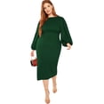 thumbnail image 1 of Vestido ajustado con cinturón y mangas largas tipo farol con cuello redondo para mujer en talla grande, 1 of 6