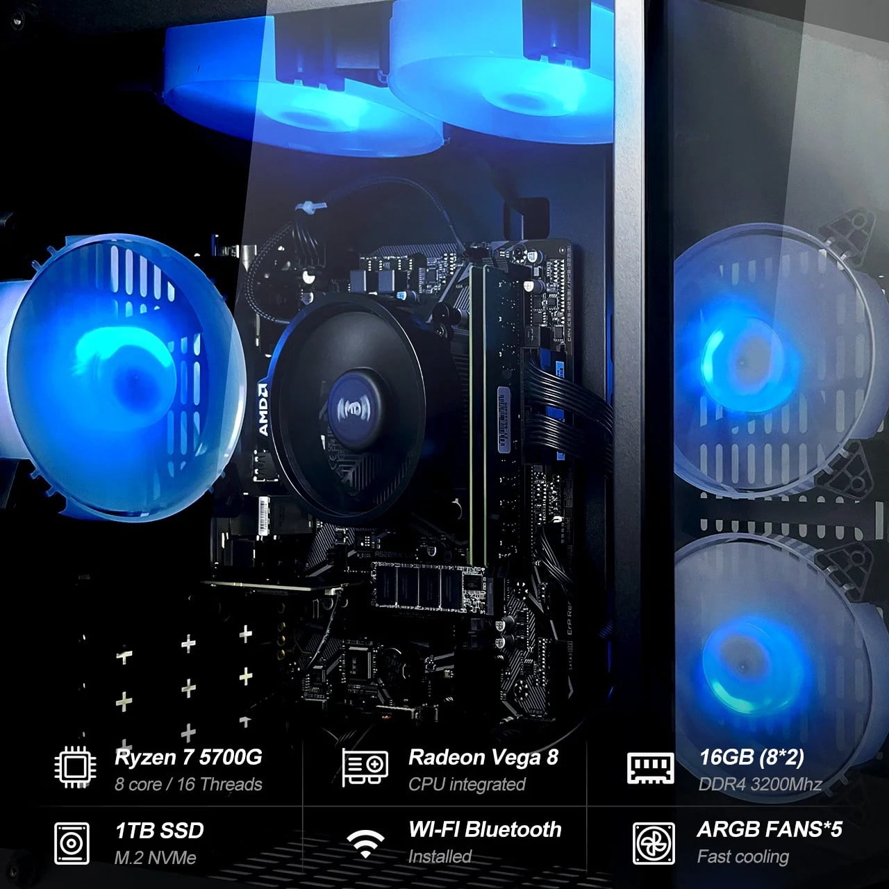 ICEWOLF Gaming Desktop PC AMD Ryzen 7 5700G Radeon Vega graphics,16GB Ram 1TB SSD,WIFI BT ARGB Fans Win 11 Pro