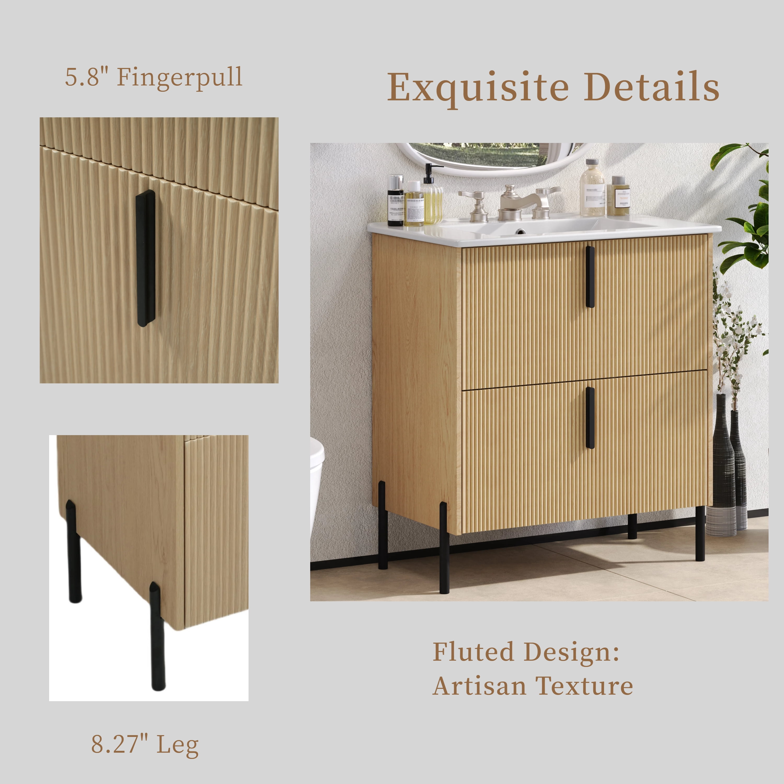 30" Bathroom Vanity with Ceramic Sink and Full-Extension Drawers, Soft Close Undermount Drawer Slides, Fluted Design, Natural