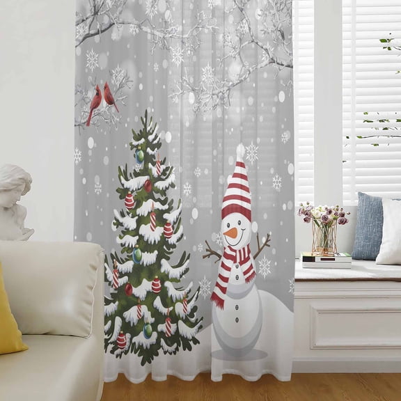 Grey Snowman Christmas Semi Sheer Curtains Drapes for Living Room,Bedroom,French Doors Window 96 Inches Long,Xmas Tree Ball Winter Snowflake Branches Rod Pocket Chiffon Curtain Voile Drapery Panel