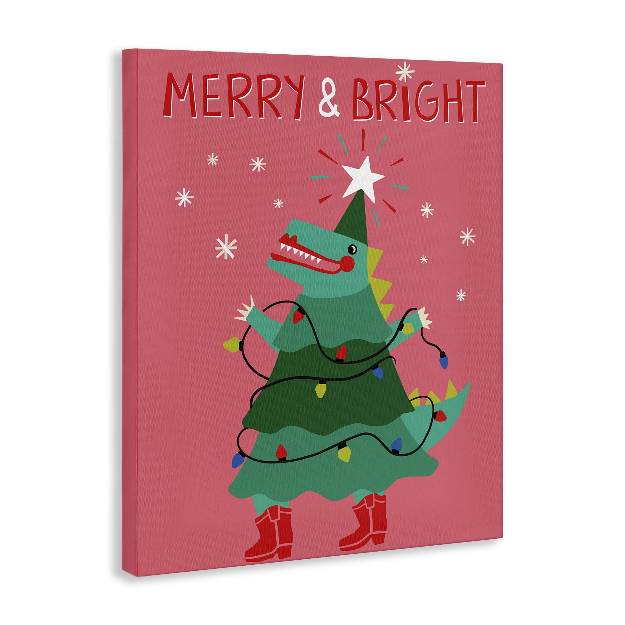 Stupell Industries Merry and Bright Dinosaur Holiday Painting Gallery Wrapped Canvas Art Prints Wall Art, 16 x 20