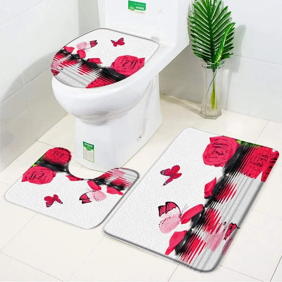 3pcs Sets Blue Flower Butterfly Bath Mat Carpet Spring Floral Flannel Anti Slip Floor Rug Toilet Lip Bathroom Decor Accessories