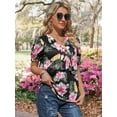 thumbnail image 4 of Nlife Women Hawaiian Shirt Puff Sleeve Top Floral Bow Tie Front V Neck Dressy Summer T-shirt, 4 of 8