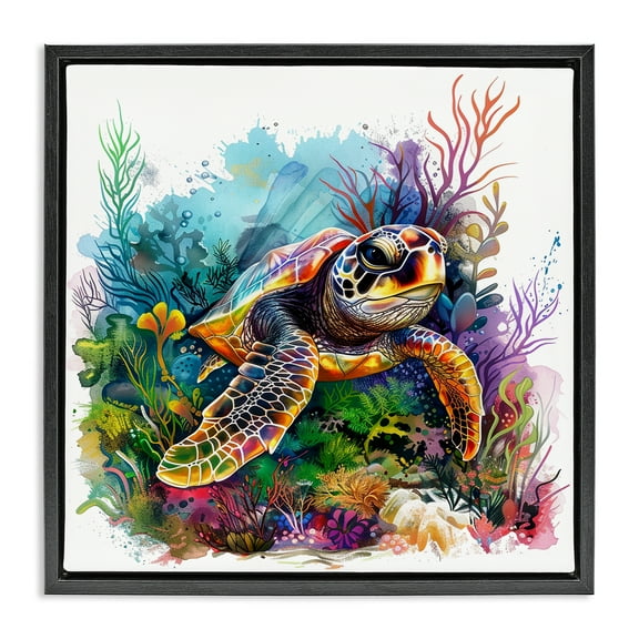 Stupell Industries Coral & Sea Life Turtle Animals Painting Black Floater Framed Canvas Art Print Wall Art, 18 x 18
