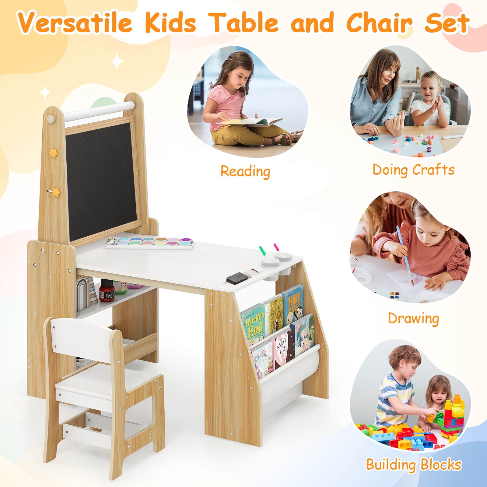 Costway Kids Art Table and Chair Set with Easel & Chair Whiteboard & Chalkboard Paper Roll Natural + White
