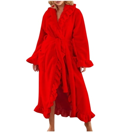 APEXFWDT Women’s Plush Fleece Robe Shawl Collar Ruffled Trim Robe Long Winter Bathrobe with Waist Tie & Pockets M Red