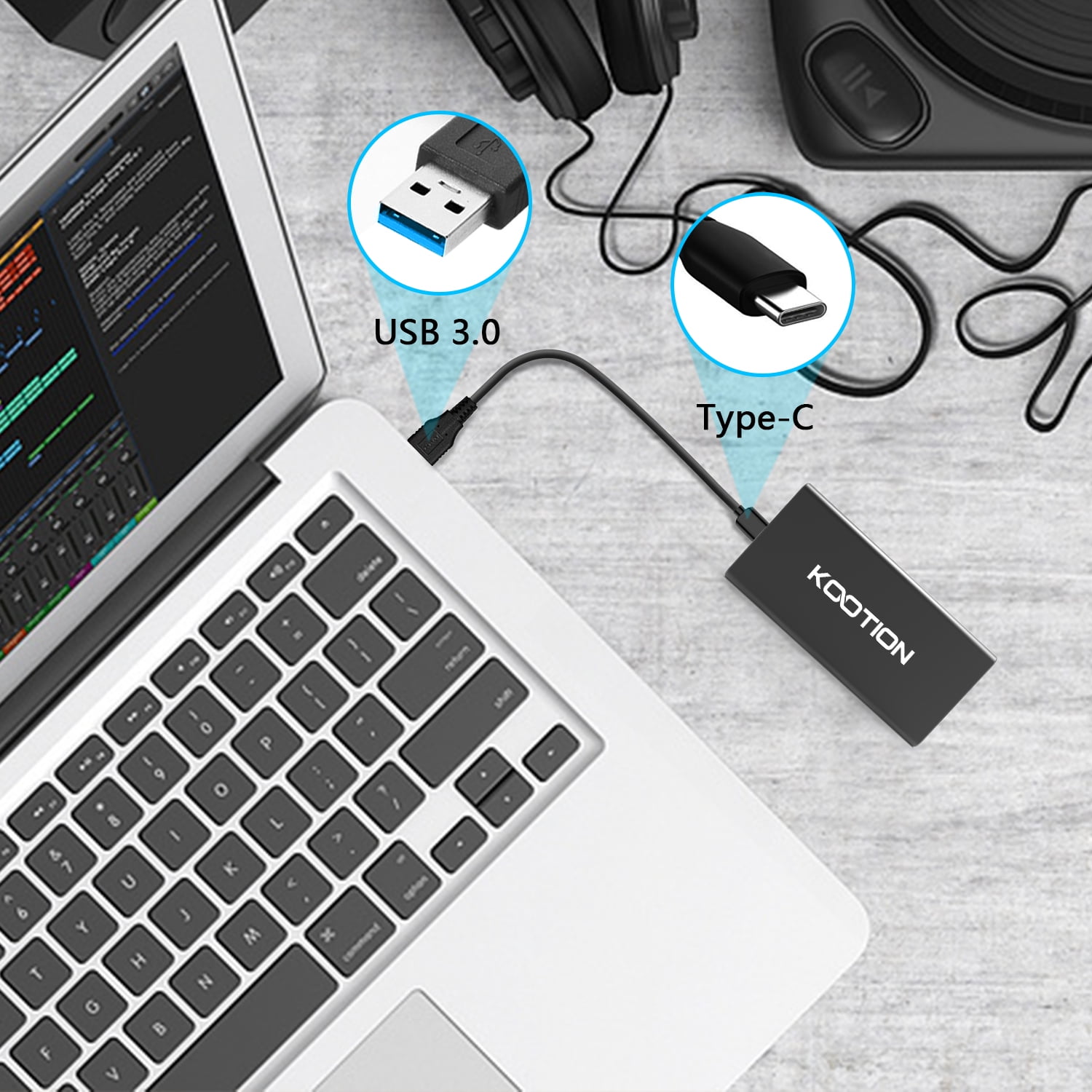 KOOTION 250G Portable External SSD Read/Write Speed up to 550MB/s & 500MB/s High Speed Transfer USB 3.1 USB-C Drive Ultra-Slim Mobile Solid State Drive for Laptop, Tablet, PC and Android Phone, Black