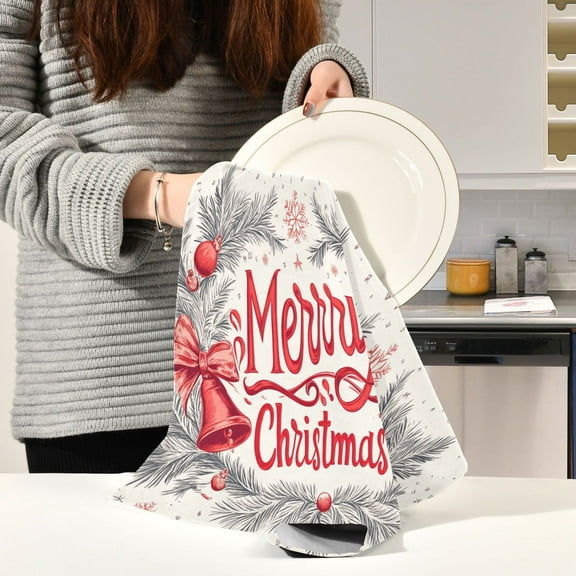 BZSMCE Kitchen Towels Creative Christmas Elegant Bell and Bowknot Pattern Durable Kitchen Towel
