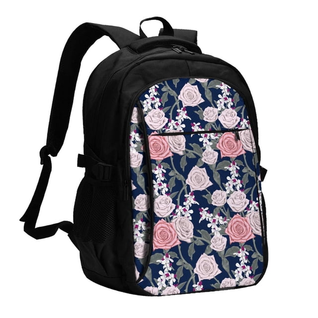 Balery Rose Flowers Mochila con carga USB para hombre y mujer - Mochila impermeable y antirrobo para laptop con puerto USB para viajes, trabajo