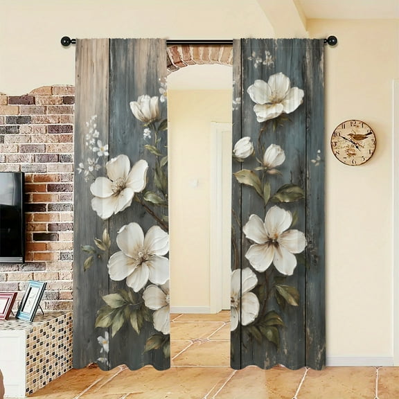 WNOOHIY Vintage Wood Grain Floral Light-filtering Curtains for Living Room Bedroom Office Home Decoration, Set of 2 Panels