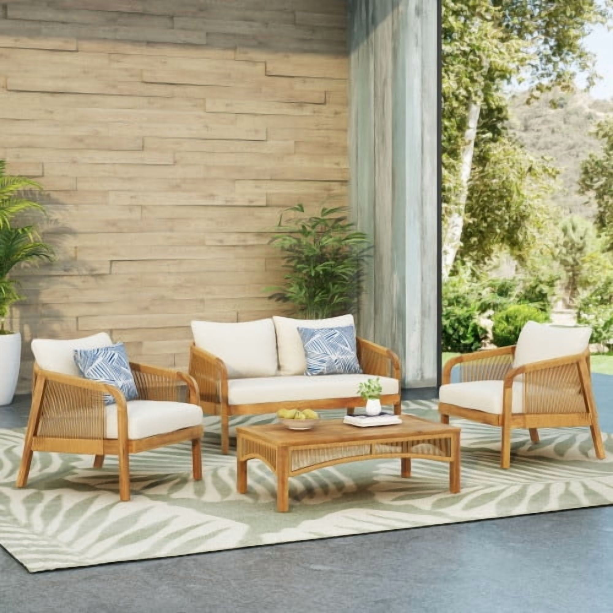 ACE-PATIO,4 PCS,EVELYN Outdoor Acacia Wood Four-seater Chat Set with Cushions,Including 2 Club Chairs,1 Loveseat & 1 Table,for Patio,Backyard,Porch,Garden,Poolside(Beige)