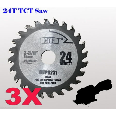 

MTP® Pack of 3 24T Carbide Tip 3-3/8 inch WOOD Circular Saw Blade for Rockwell Versacut Versa Cut RK3440K Makita Cordless 3-3/8 Craftsman Nextec Arbor Size 15mm 19/32 0.59