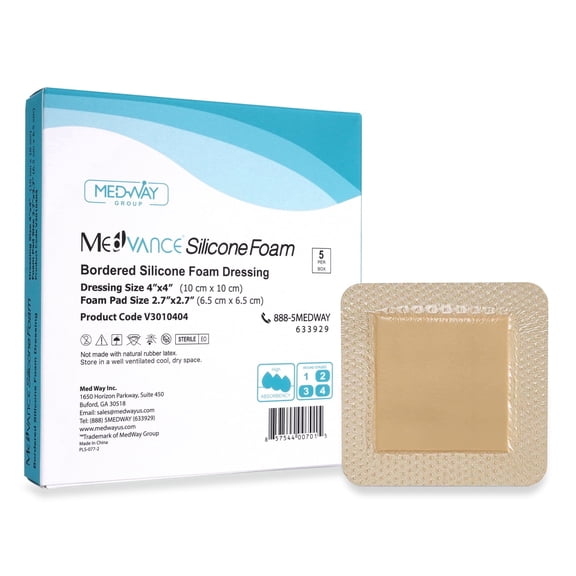 MedVance TM Silicone - Bordered Silicone Adhesive Foam Dressing Size 4"x4" (2.7"x2.7" pad), Box of 5 dressings