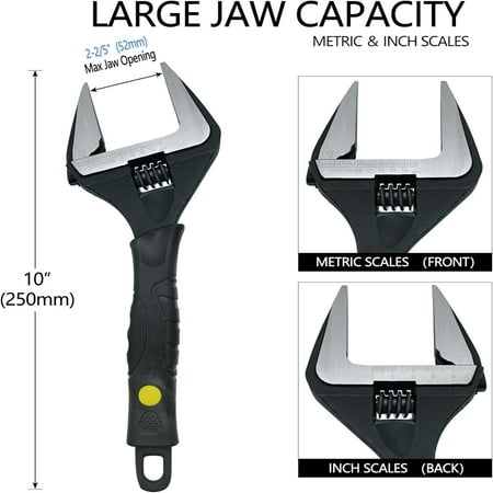 

Ideal for repairs on water pipes appliances and cars this versatile black adjustable wrench boasts a wide opening and deep 10-inch jaw. The wrench also features a convenient metric sca