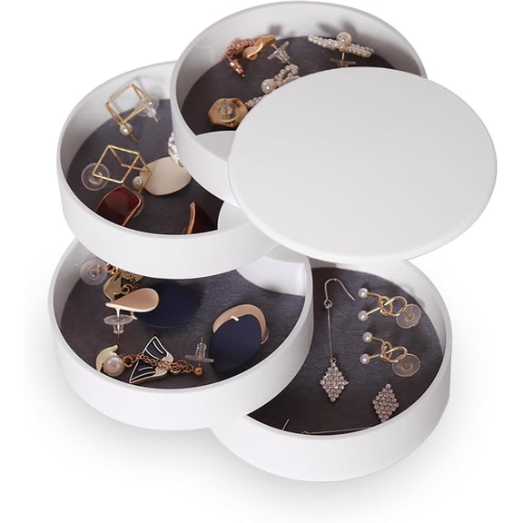 Small Jewelry Storage Box Earring Holder , 5-Layer Rotating Travel Jewelry Tray Case with Lid for Bracelets Rings Bracelets, Gift for Women (White)