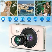 Ourlife 5K Digital Camera for Vlogging, 72MP with Autofocus 16X Digital Zoom, Travel Compact Camera with Flash, 64GB Card & 2 Batteries, Pink