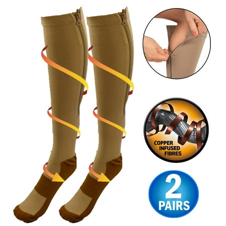 Copper Infused Zipper Compression Socks - Closed Toe Zip Up Circulation Pressure Stockings - Knee High For Support, Reduce Swelling & Better Circulation - Nude Regular (2 (Best Way To Reduce Swelling)